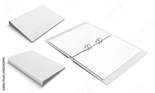 Binder with 4 metal ring clamps. Set of different views of open and closed folder. Vector realistic isolated mockup illustration.