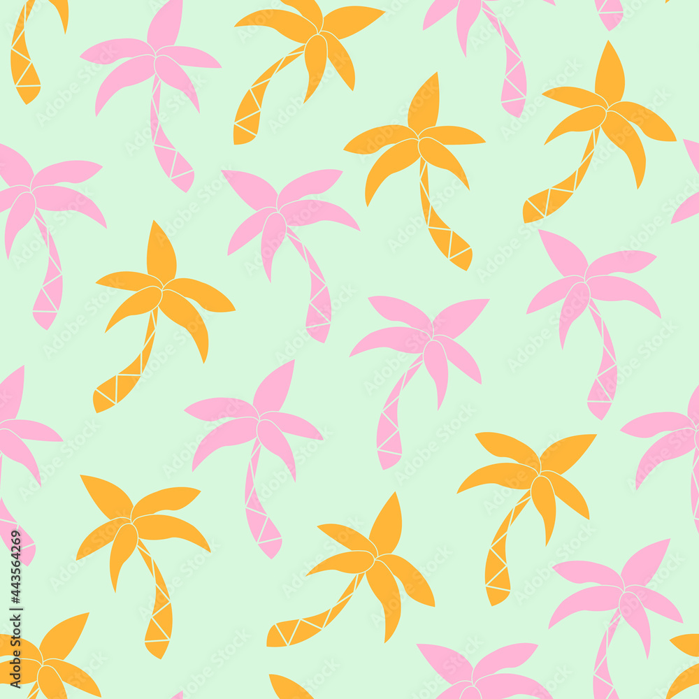 Obraz premium Cartoon palm trees seamless pattern. Abstract tropical print. Modern design for fabric, packaging, stationery, scrapbooking. Vector illustration of exotic palm trees.