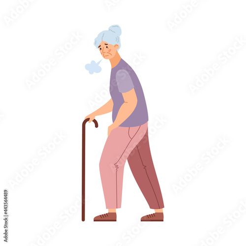 Tired weak elderly woman moving with difficulty, vector illustration isolated.