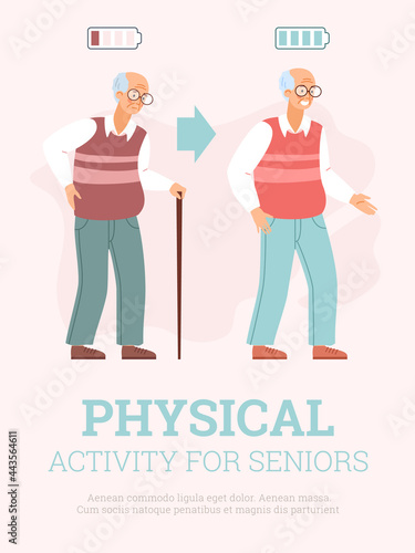 Physical activity for seniors banner template, flat vector illustration.