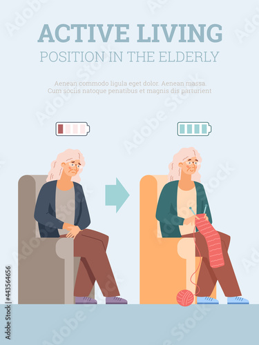 Active living in elderly age banner with old lady, flat vector illustration.