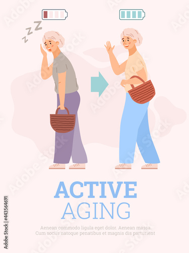 Active aging concept of banner with old woman, flat vector illustration.