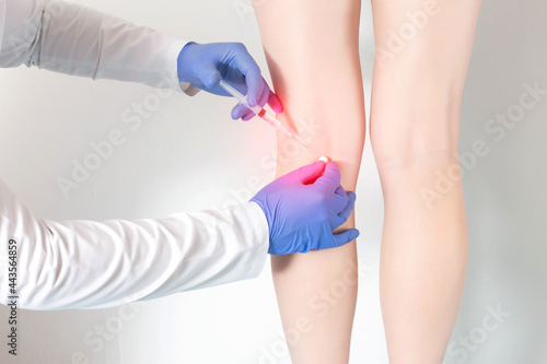Doctor gives an anti-inflammatory healing injection in the knee joint to relieve pain and reduce swelling