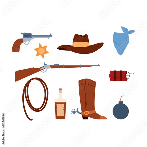 Cowboy outfit details and weapon collection, flat vector illustration isolated.