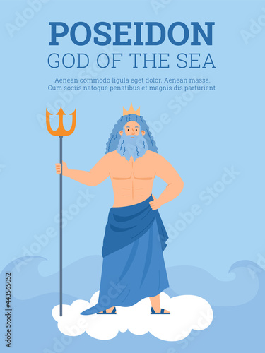 Banner or card with sea god Poseidon holding trident, flat vector illustration.