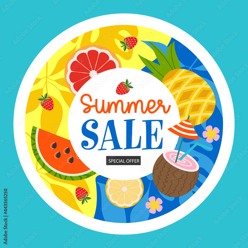 Summer sale. Bright colorful summer vector illustration, advertising poster.