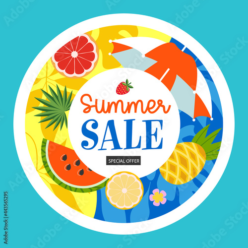 Summer sale. Bright colorful summer vector illustration, advertising poster.