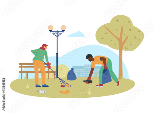 Volunteers or ecologists collecting garbage, flat vector illustration isolated.