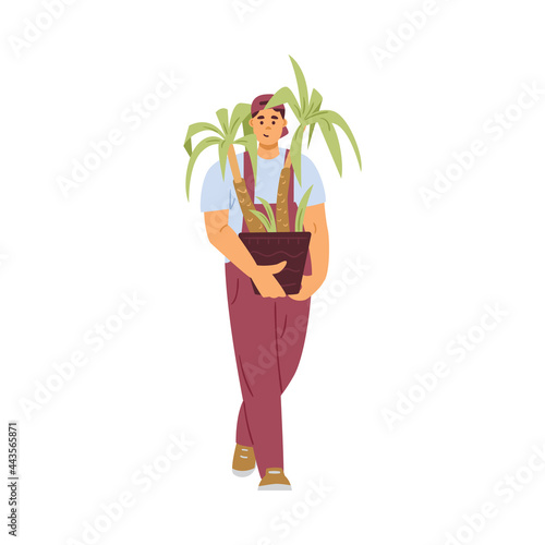 Moving company loader carrying flower pot, flat vector illustration isolated.