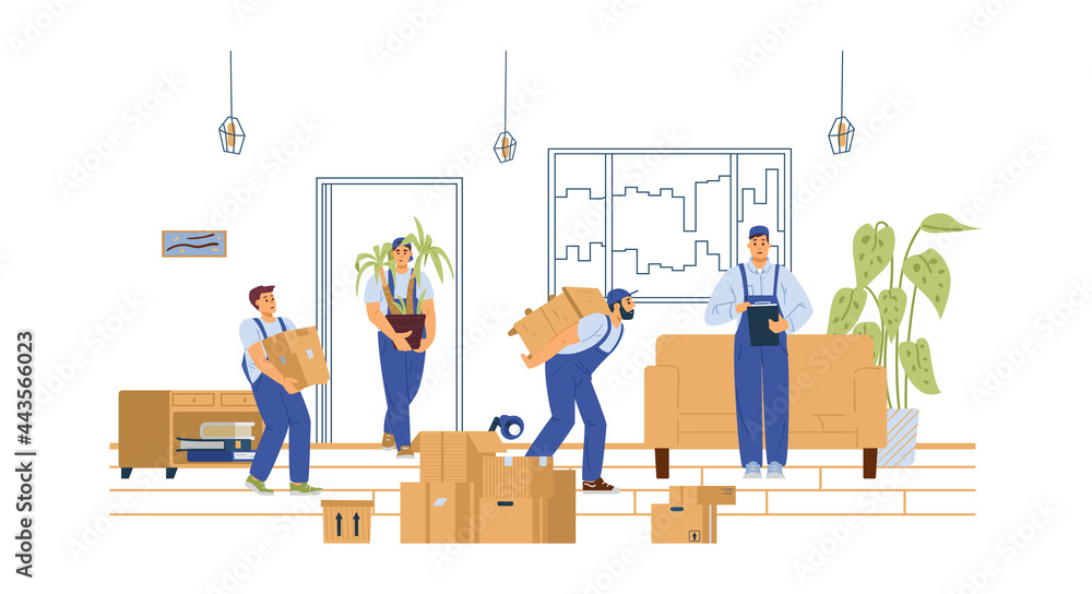 House moving service loaders carry furniture, flat vector illustration isolated. House moving service loaders carry furniture, flat vector illustration isolated.