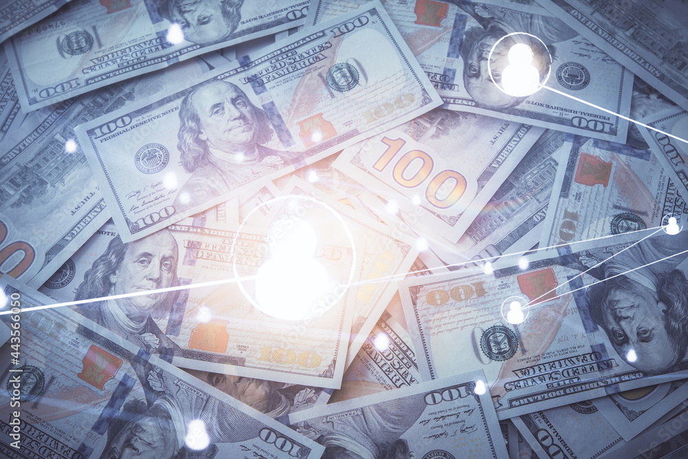 Multi exposure of social network drawing over us dollars bill background. Concept of people connection. Multi exposure of social network drawing over us dollars bill background. Concept of people connection.