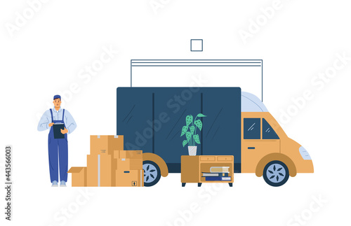 Shipping service loaders or porters loading furniture, flat vector isolated.