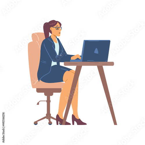 Business woman at table typing on laptop, flat vector illustration isolated.