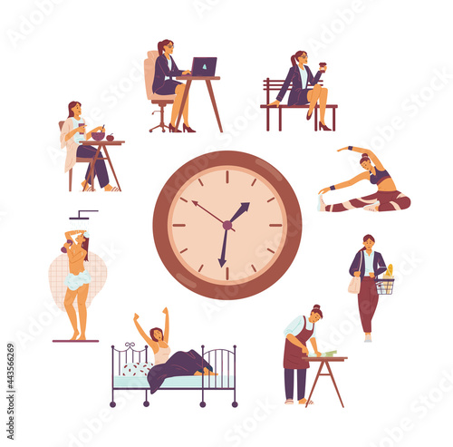 Clock with set of daily woman routine from morning to night a vector illustration