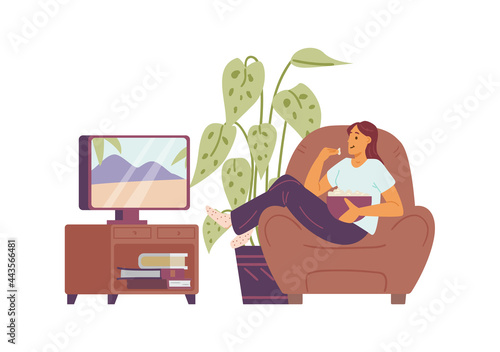 Woman character resting behind TV at home, flat vector illustration isolated.