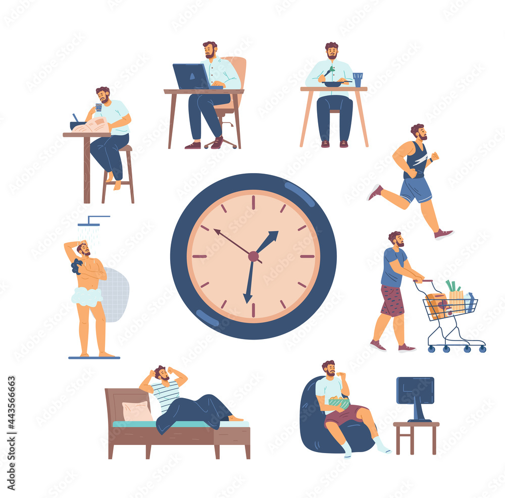 Scenes of man daily routine chores around clock, flat vector ...