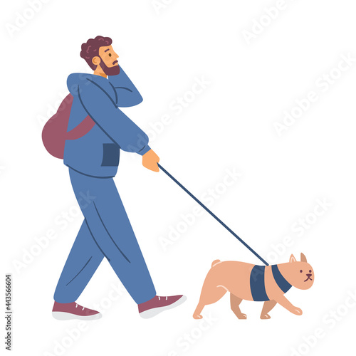Young man walking his dog and talking phone, flat vector illustration isolated.