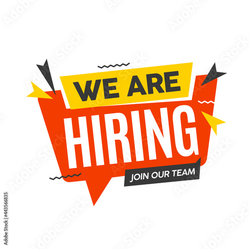 Hiring recruitment open vacancy design info label template. We are hiring join our team announcement lettering in speech bubble chat box
