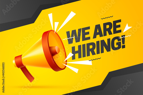We Are Hiring Vacancy Concept Poster Template. Outsource Team Hire Creative Employee. Career Promotion with Red and yellow Loudspeaker.