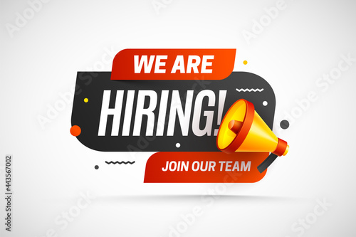 Hiring recruitment open vacancy design info label template. We are hiring join our team announcement lettering with loudspeaker