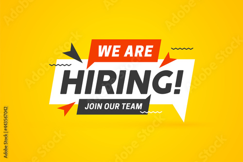 Hiring recruitment open vacancy design info label template. We are hiring join our team announcement lettering in speech bubble chat box
