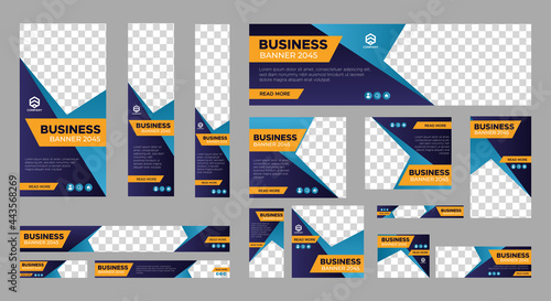 Set of business web banner templates with different standard size. Abstract corporate horizontal, vertical, square ad banner with place for images. Vector EPS