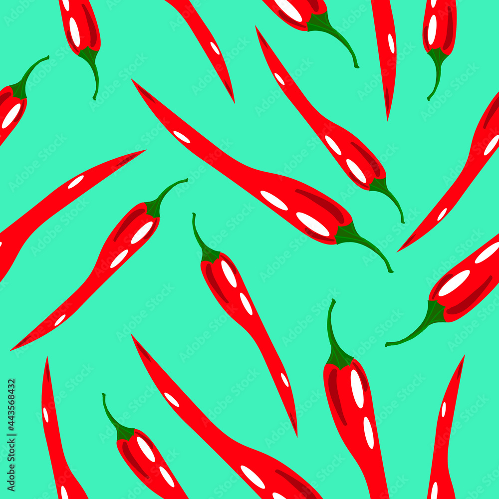 Seamless pattern of hot chili pepper on a light green background.The vector pattern of red pepper can be used in textiles,packaging, menus. Seamless pattern of hot chili pepper on a light green background.The vector pattern of red pepper can be used in textiles,packaging, menus.