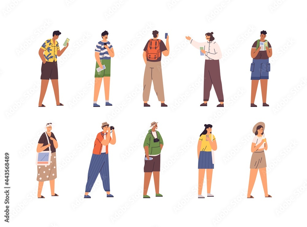 Set of different tourists and guide during excursion. People traveling and sightseeing. Men and women on summer holidays. Flat vector illustration of visitors with cameras and maps isolated on white