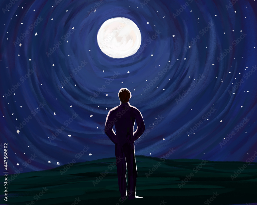 Silhouette of a lonely man against the background of the night starry sky  and the full moon. Loneliness and contemplation Stock Illustration | Adobe  Stock