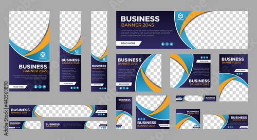 Set of business web banner templates with different standard size. Abstract corporate horizontal, vertical, square ad banner with place for images. Vector EPS