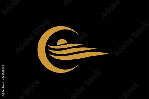 Wave and Moon logo design. Wave illustration sign.