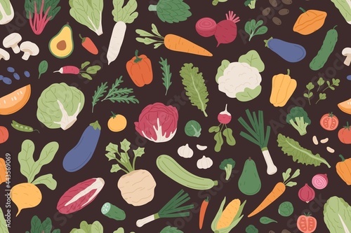 Seamless grocery pattern with healthy fresh vegetables and green food on black background. Design of endless repeatable texture with different veggies for printing. Colored flat vector illustration