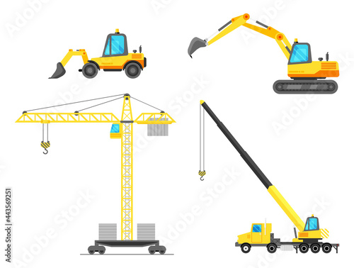 Building Machines Icon Set. Construction Equipment Collection Isolated on White. Tower Crane, Crane Truck, Excavator, Bulldozer. House Building Machine. Industrial Equipment. Flat Vector Illustration