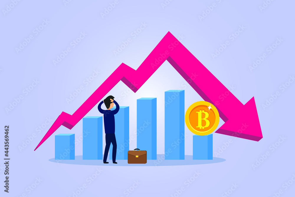 Bitcoin price down vector concept. Stressful businessman looking at bitcoin price drop diagram and graph Bitcoin price down vector concept. Stressful businessman looking at bitcoin price drop diagram and graph