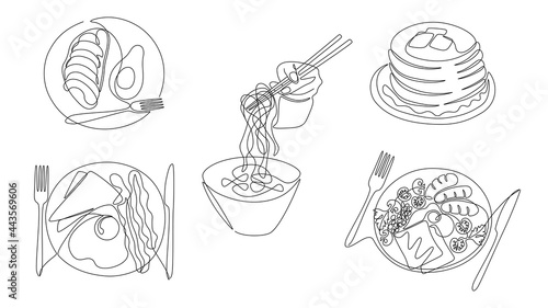 One line breakfast. Dishes of morning meal, healthy food and start of day, fried eggs pancakes and croissants with avocado. Vector breakfast continuous line