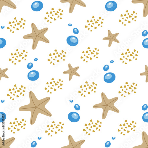 A seamless pattern with starfish, invertebrate inhabitants of the underwater world. In beige and blue color. Vector illustration. For decoration, printing on fabric or paper.