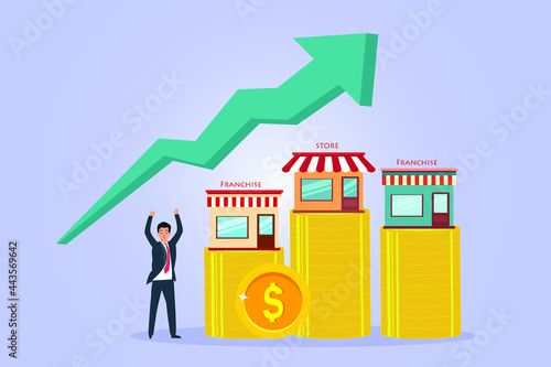 Franchise store vector concept. Success businessman with growing franchise store business, coins, and upward arrow