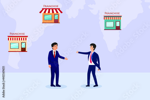 Franchise store vector concept. Businessmen discussing to expanding global franchise store business location