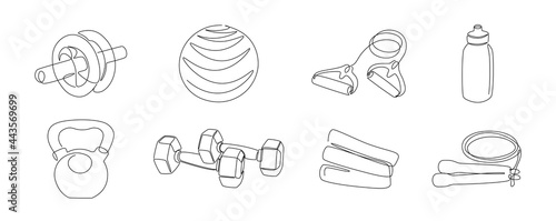 One line fitness gear. Continuous line sport inventory, dumbbells, jump rope, kettlebell, fitball. Vector monoline sport set