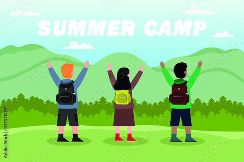 Summer camp vector concept  Group of students hiking together in the mountain while standing with summer camp text 