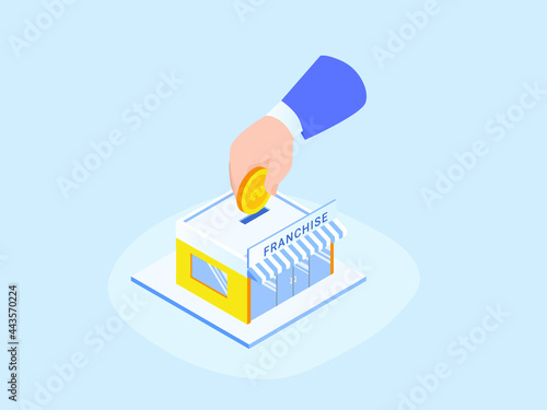 Franchise isometric vector concept. Businessman hand investing money in the franchise store