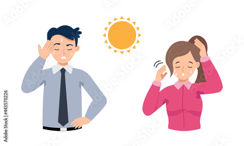 Man and woman feels hot and wiping their sweat. Flat vector cartoon design