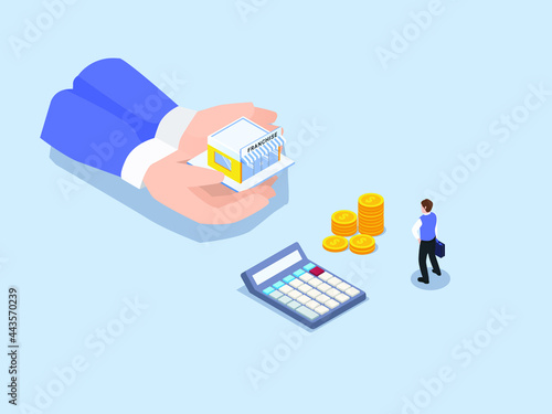 Franchise isometric vector concept. Hand offering franchise store business to male investor