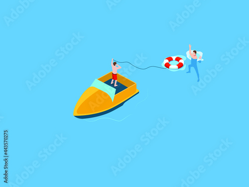Drowning isometric vector concept. Man helping drowning person with a buoy and boat on the sea