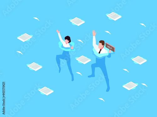 Drowning isometric vector concept. Business people and document drowning on the sea