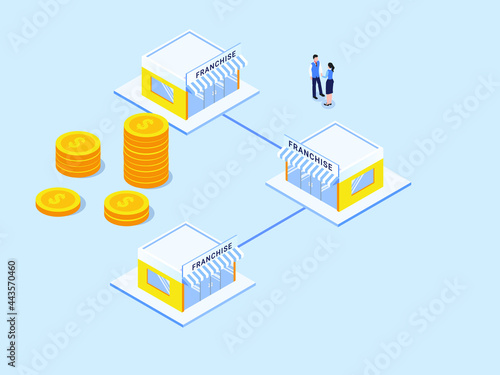 Franchise isometric vector concept. Business people talking about franchise store network development