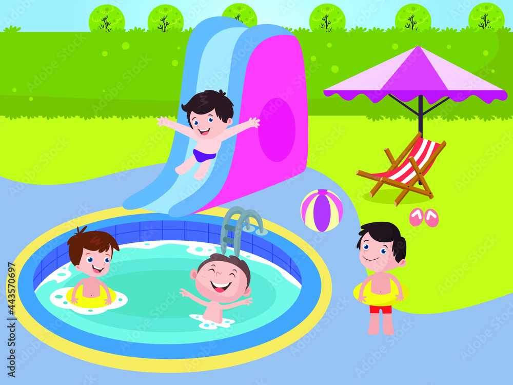 Joyful kids cartoon character enjoying summer holiday by playing on the swimming pool and slide at the backyard