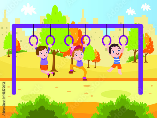 Joyful kids cartoon character playing at the park by hanging on the gymnastics rings.