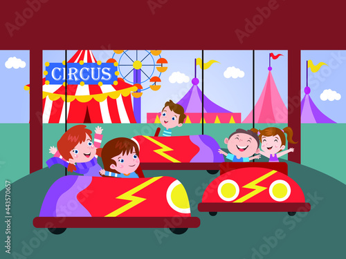 Amusement park vector concept. Happy children cartoon character playing bumper car in an amusement park