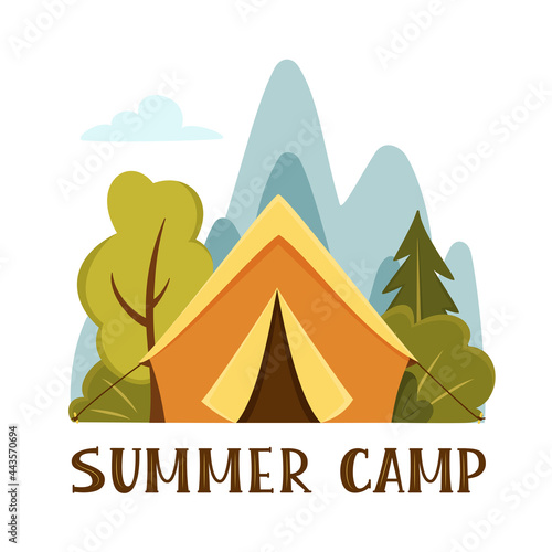 Summer camp concept. Camping landscape with lettering sign. Illustration in flat style with tent, mountains and forest. Banner or poster for summer camp, nature tourism, camping, hiking, trekking, etc